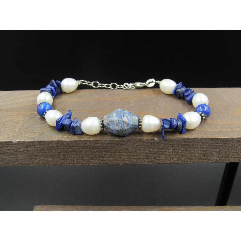 8" Sterling Silver Lapis Lazuli Stones With Real Pearls Bracelet Vintage Wedding
